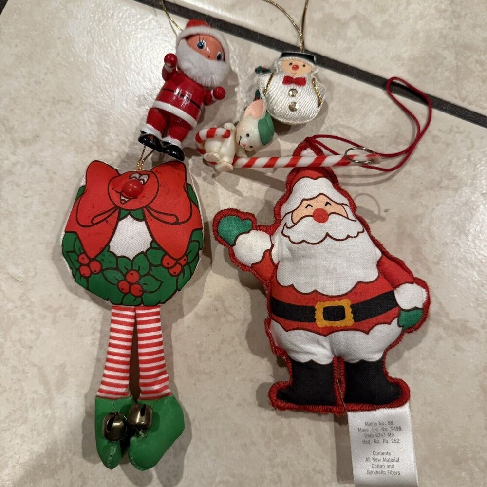 Vintage Hallmark Stuffed 5" Fabric Ornament Santa, And Friends